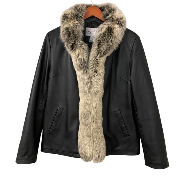 J.G. Hook Womens Black Genuine Leather Jacket Large Shawl Fox Fur Trim Coat - Picture 13 of 14